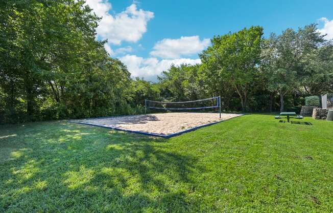 a volleyball court in a park with a picnic table