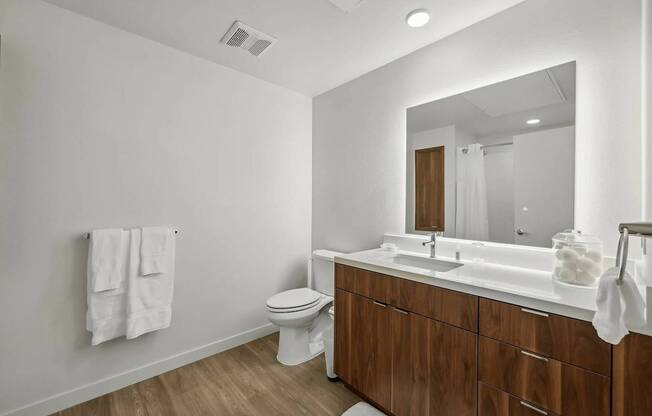 Bathroom with mirror at Bayview Apartments, California