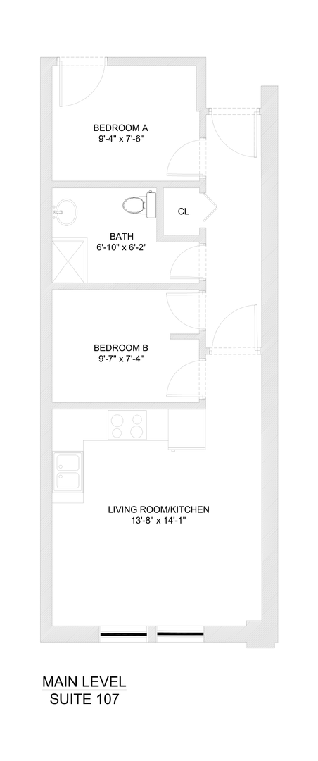 2 beds, 1 bath, 482 sqft, $895, Unit 107 BTB - A
