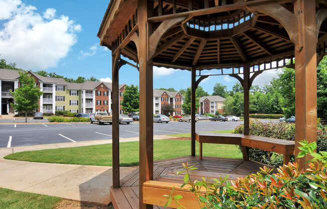 Gazebo with the apartment buildings in the background.