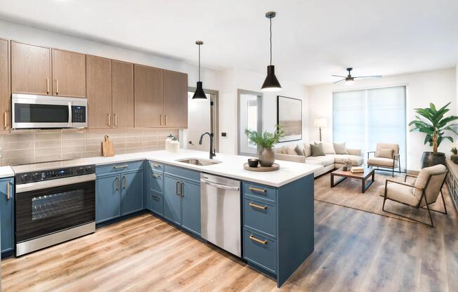 An open kitchen and living space with warm finishes, ample prep room, and a comfortable flow for everyday living.