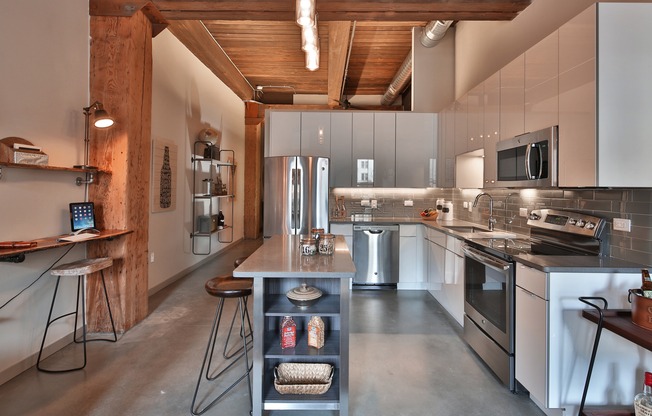 European Cabinetry, Islands and Stainless Steel Appliances in Our Loft Kitchens