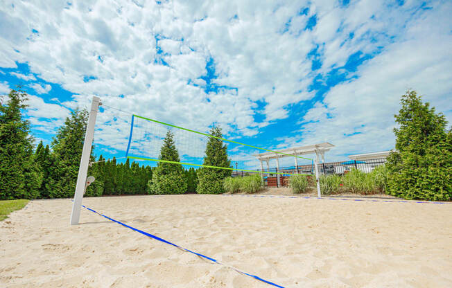 a volleyball court on the sand in a park with trees