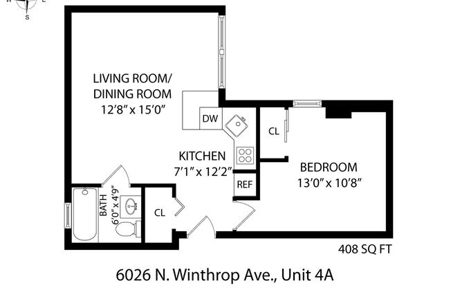 1 bed, 1 bath, 408 sqft, $1,750, Unit 4A