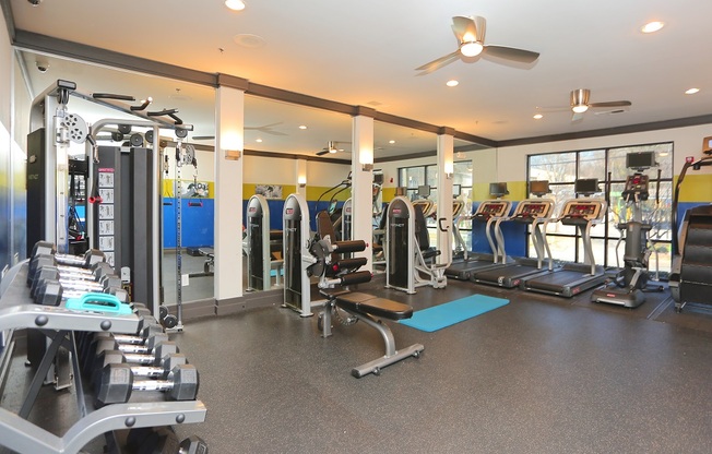 a gym with a lot of exercise equipment and a ceiling fan
