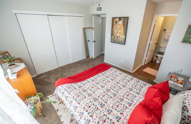 A bedroom with a bed, a dresser, and a mirror.