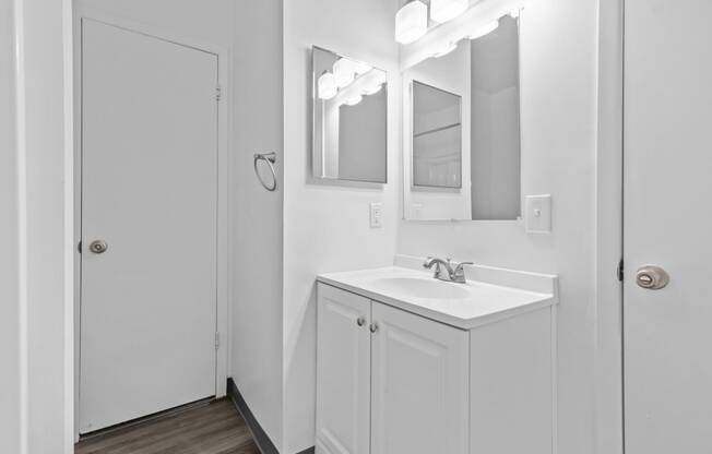 a bathroom with a sink and a mirror