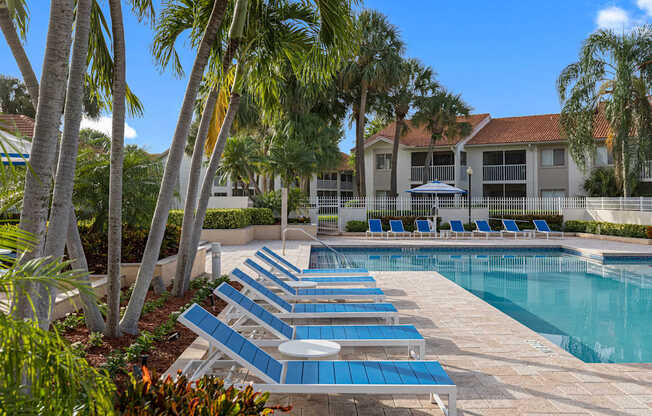 A pool surrounded by palm trees and lounge chairs.