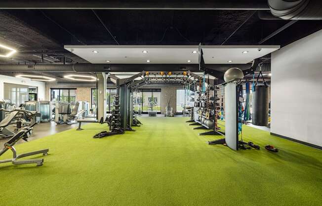 a gym with a green carpet and weights and exercise equipment at EagleRidge Plaza Residences, Fargo, ND, 58104