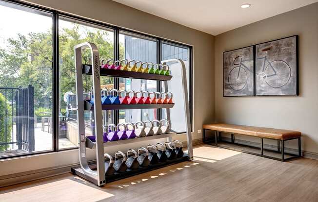 weight rack in The Bennington's on-site fitness center