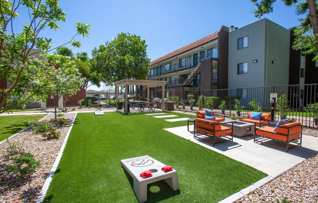 Cornhole and Seating Area at Sky Island Apartments in Sierra Vista Arizona