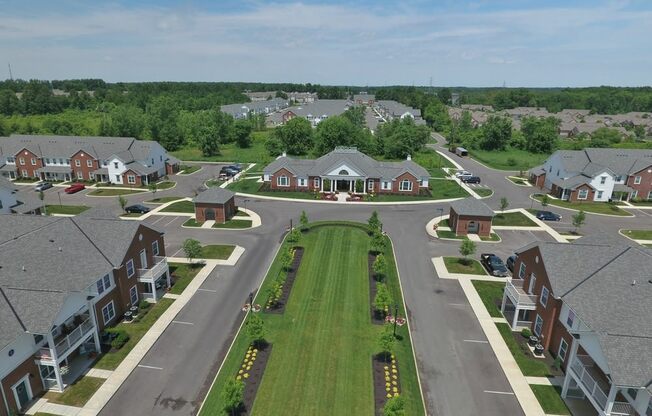 Drone shot aerial of roads and apartments