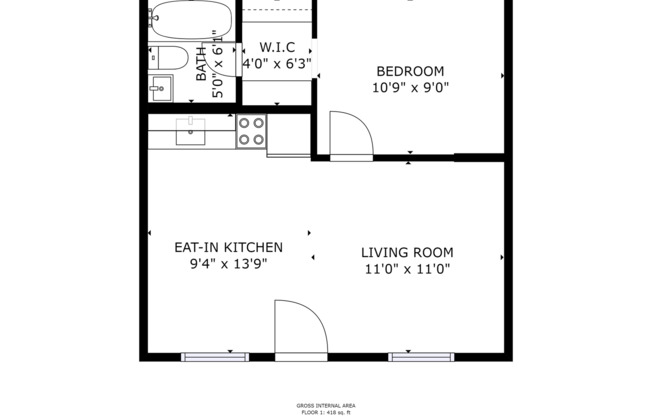 1 bed, 1 bath, 418 sqft, $1,650, Unit 14