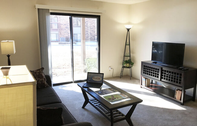 Living Room Leads To Private Patio at Old Monterey Apartments, Missouri, 65807