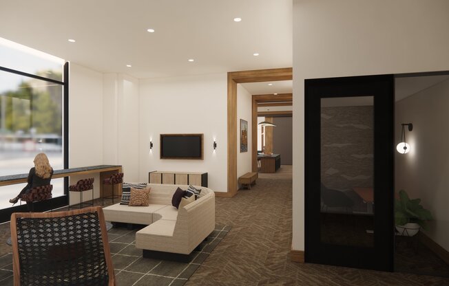 Coworking spaces with comfortable seating and private workstations.