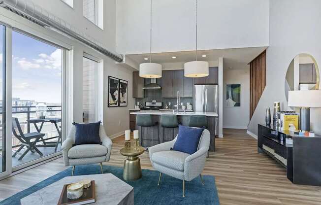 A modern living room with a view of the city.