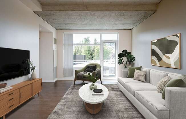 a living room with a white couch and a coffee table and a large window