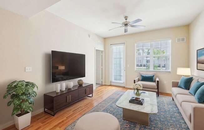 A living room with a flat screen TV, a sofa, a coffee table, and a potted plant.