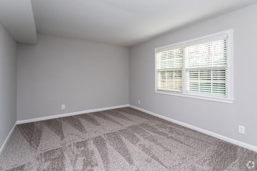 an empty room with a window and carpet