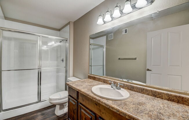 a bathroom with a sink and a shower and a toilet at San Montego Apartments, Arizona, 85206