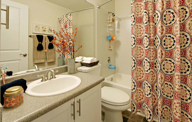 a bathroom with a sink toilet and shower