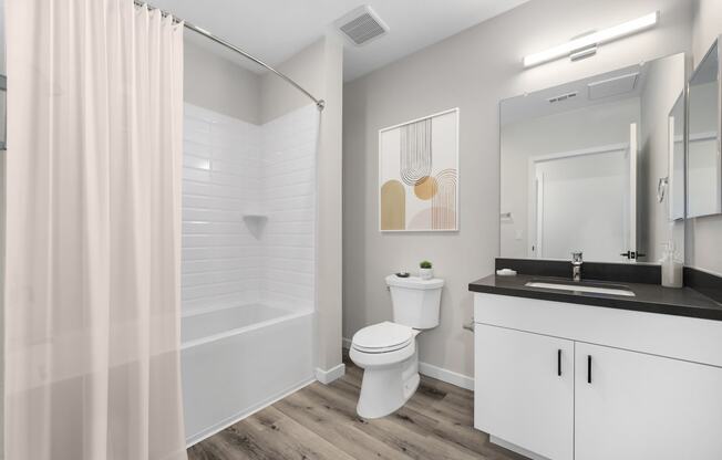 A bathroom with a toilet sink and bathtub in a D floor plan