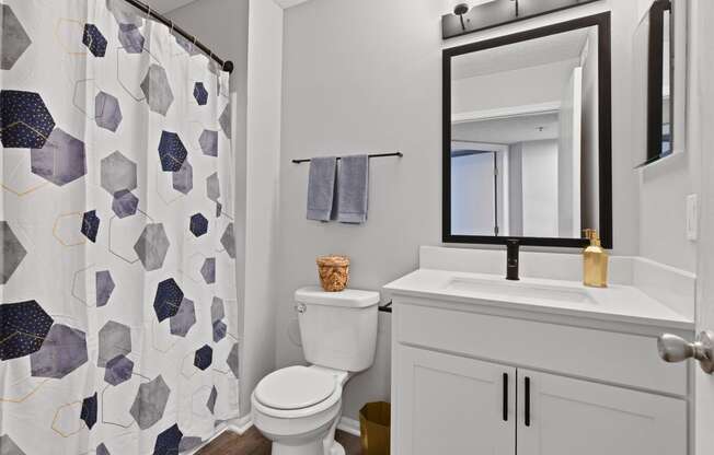 a bathroom with a shower and a toilet and a sink