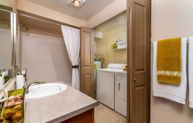 a bathroom with a sink and a washer and dryer