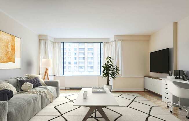 A modern living room with a grey sofa, a coffee table, a television, and a desk with a computer.