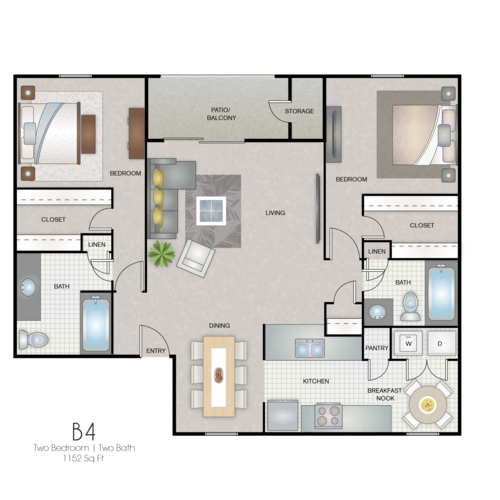 2 beds, 2 baths, 1,152 sqft, $1,569