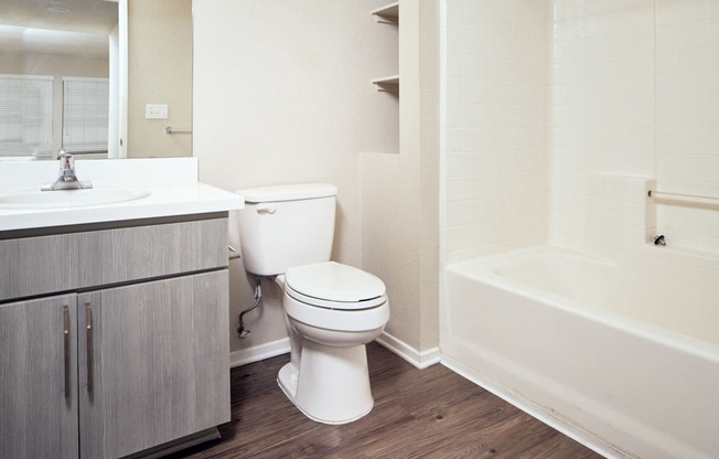 Apartments in Escondido - Alta Vista - Bathroom with Grey Cabinets and Wood-Style Flooring