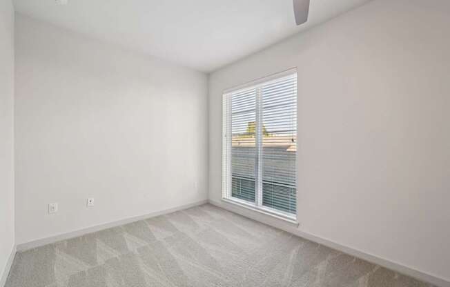 A room with a window and a carpet on the floor.