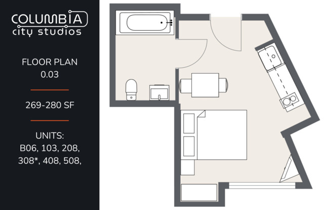 Studio, 1 bath, 279 sqft, $1,270, Unit 208