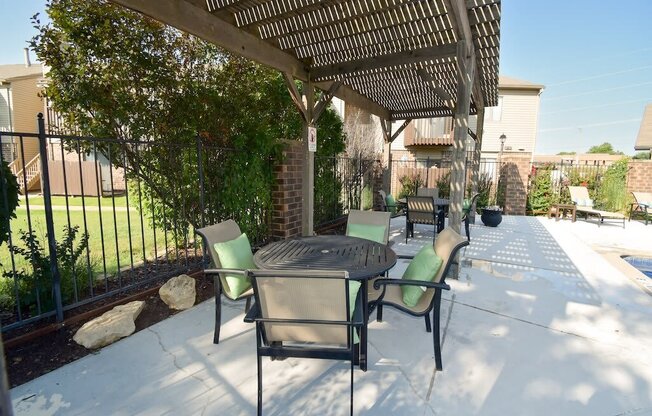 a covered patio with a table and chairs