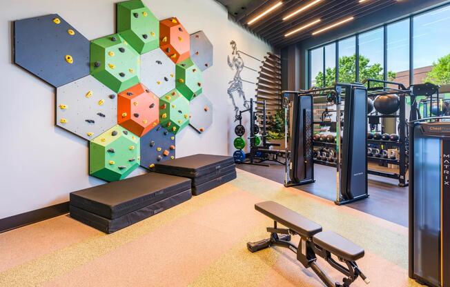 Elevate your workout in our one-of-a-kind fitness center—featuring a rock climbing wall, strength training gear, and energizing natural light.
