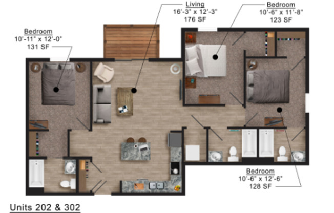 3 beds, 3 baths, 1,139 sqft, $1,710, Unit 302