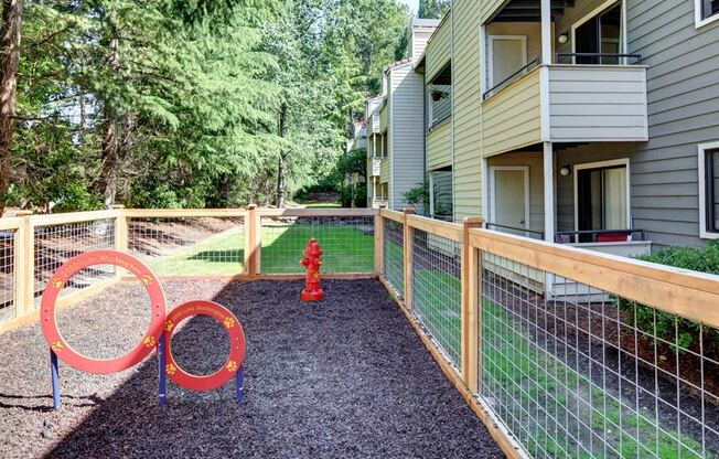 a fenced in pet park play area with a red fire hydrant and agility circles at 2000 Lake Washington Apartments, Renton, Washington