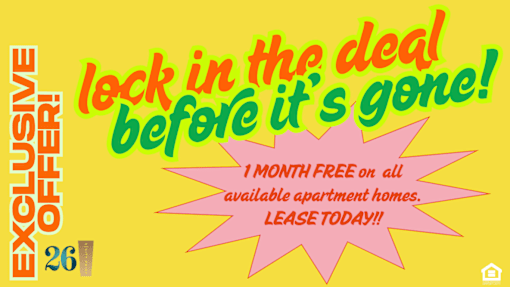 A yellow advertisement for a month free on all available apartment homes.
