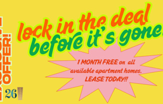 A yellow advertisement for a month free on all available apartment homes.