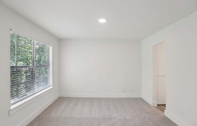 A spacious bedroom with a window and a carpeted floor.