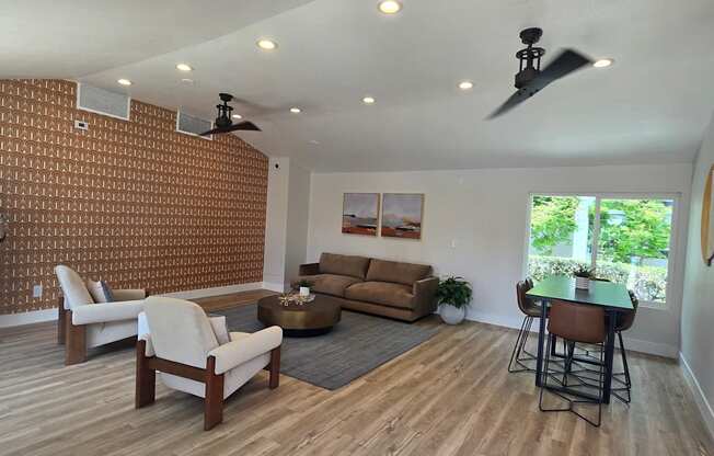 A room with a wooden wall and a carpeted floor.