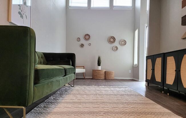 a living room with a green couch and a rug at Ivy Plains at Brooks Apartments, Texas