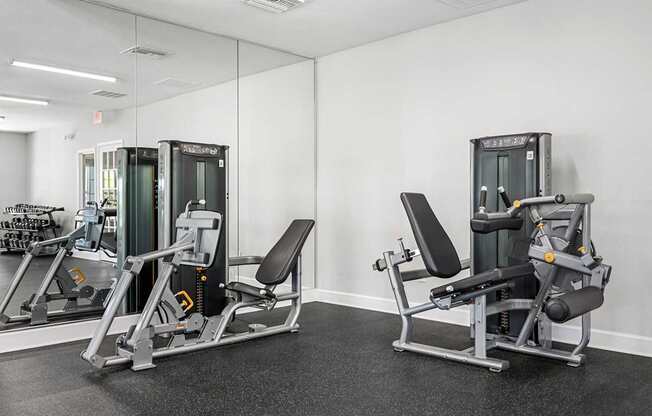 A gym with a mirror and two weight machines.
