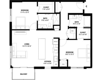 2 beds, 2 baths, 1,074 sqft, $2,300