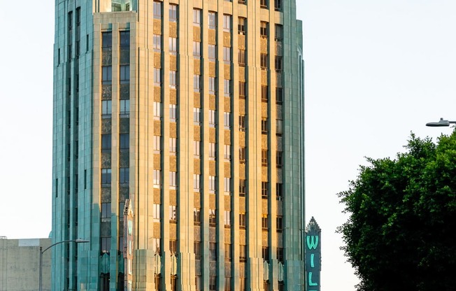 a tall building with a tree in front of it