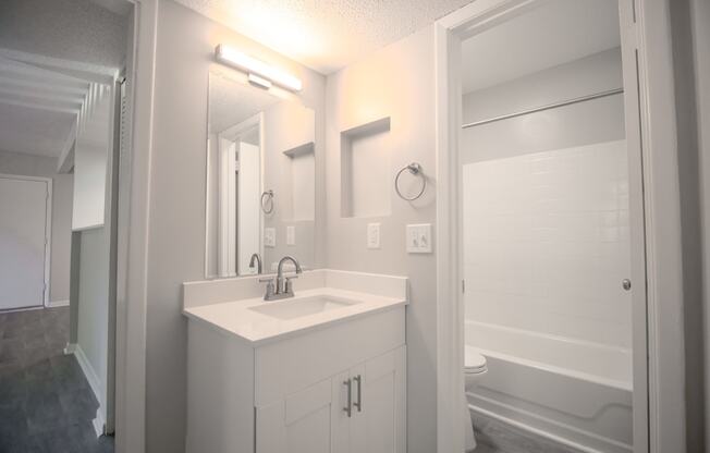 a bathroom with a sink and a mirror and a shower