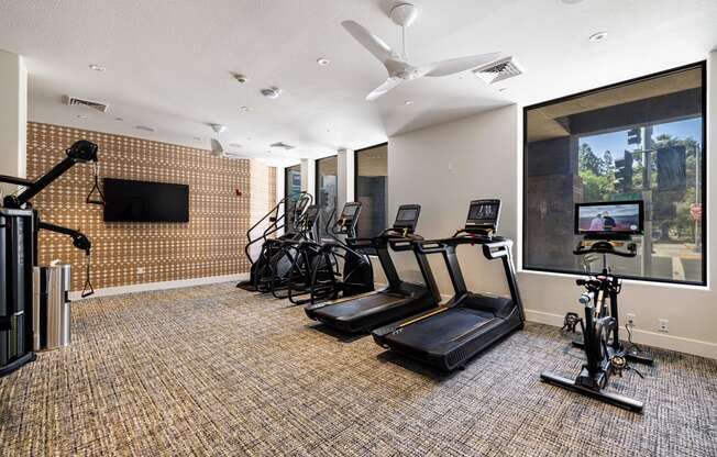 the gym has plenty of cardio equipment and a large window