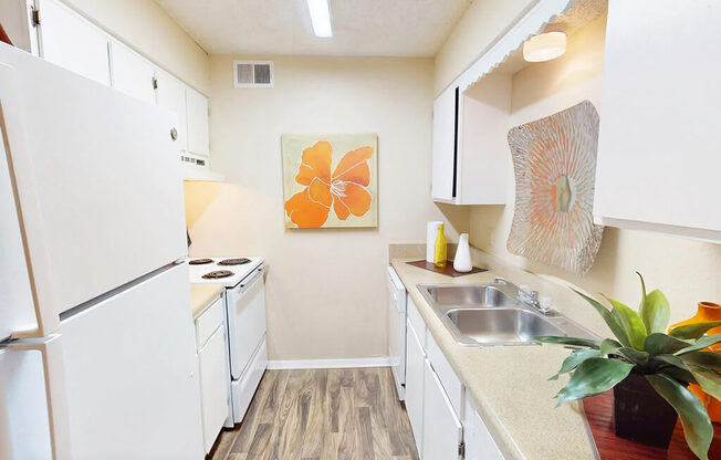 A kitchen with a white fridge, a sink, and a painting on the wall.