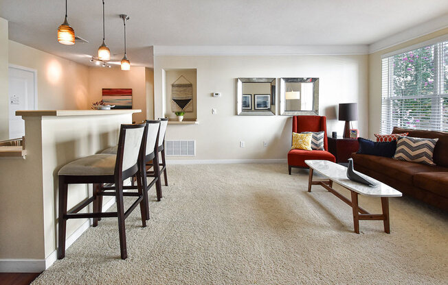 Living Room With Kitchen View at Kenyon Square Apartments, Westerville, OH, 43082