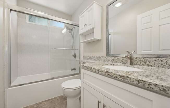 a bathroom with a shower toilet and sink